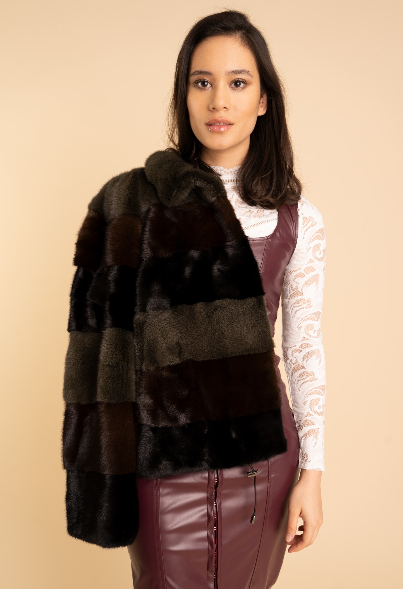 Patchwork stole in khaki, brown and black mink